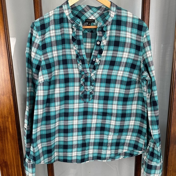 Talbots 16 Button Blouse Top Ruffle Front Plaid Roll Tab Sleeves Green Flannel - Picture 1 of 8